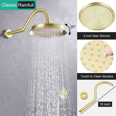 Homekicen Antique Brass Shower System Faucet Set, 9" Rainfall head with Handheld Spray Combo, 2 Way Diverter Pressure Balancing Valve with Trim Kit for Bathroom
