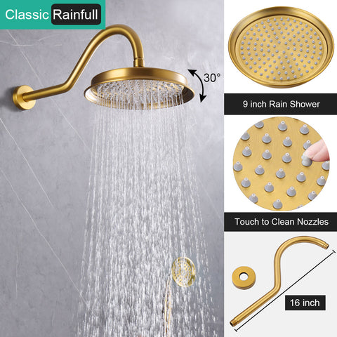 Homekicen Antique Brass Shower System Faucet Set, 9" Rainfall head with Handheld Spray Combo, 2 Way Diverter Pressure Balancing Valve with Trim Kit for Bathroom