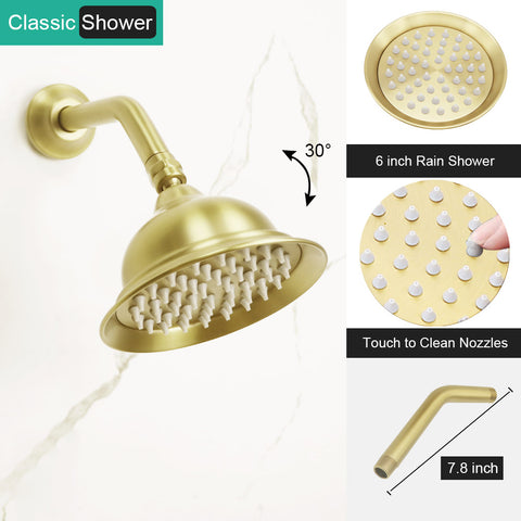 Homekicen Antique Brass Shower System with 3 Rain Shower Heads, 9" & Dual 6" Vintage Rainfall and Handheld Spray Faucet Set, Solid Brass 4 Way Diverter Valve with Trim Kit