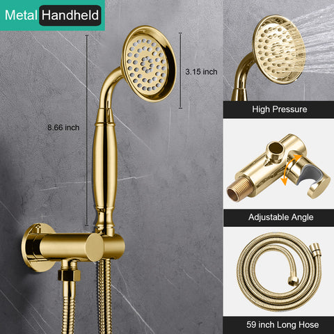 Homekicen Antique Brass Shower System with 3 Rain Shower Heads, 9" & Dual 6" Vintage Rainfall and Handheld Spray Faucet Set, Solid Brass 4 Way Diverter Valve with Trim Kit
