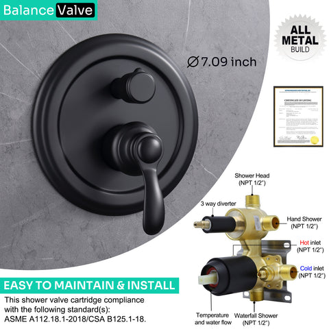 Homekicen Antique Shower-Faucet Sets System, 9" Ceiling Mounted Rain Head & Waterfall Tub Spout and Vintage Handheld Spray Combo, 3 Way Diverter Brass Valve with Trim Kit