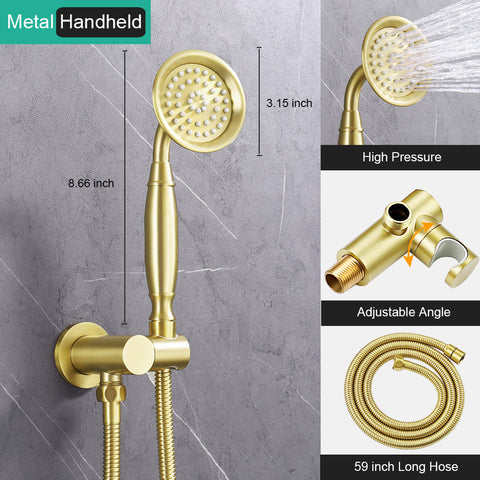 Homekicen Antique Brass Shower System with 3 Rain Shower Heads, 9" & Dual 6" Vintage Rainfall and Handheld Spray Faucet Set, Solid Brass 4 Way Diverter Valve with Trim Kit