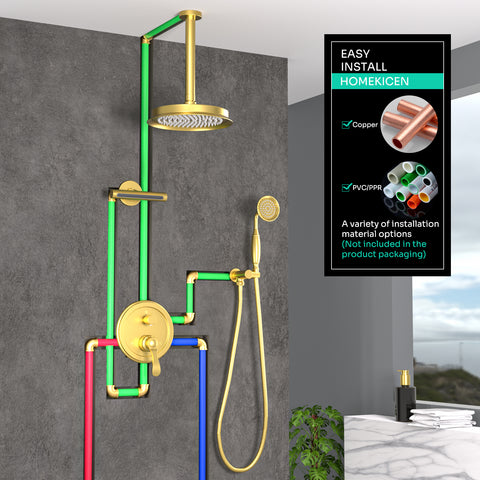 Homekicen Antique Shower-Faucet Sets System, 9" Ceiling Mounted Rain Head & Waterfall Tub Spout and Vintage Handheld Spray Combo, 3 Way Diverter Brass Valve with Trim Kit