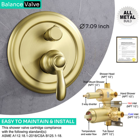 Homekicen Dual Antique Shower Head System with Waterfall Tub Spout: 9" Ceiling Rain & 6" Tilted Rainfall, Handheld Vintage Faucet Set, 4 Way Diverter Brass Valve with Trim Kit