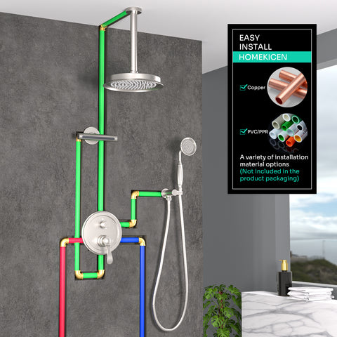 Homekicen Antique Shower-Faucet Sets System, 9" Ceiling Mounted Rain Head & Waterfall Tub Spout and Vintage Handheld Spray Combo, 3 Way Diverter Brass Valve with Trim Kit