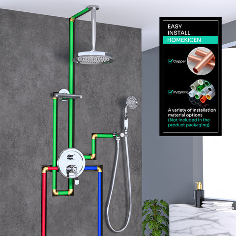 Homekicen Antique Shower-Faucet Sets System, 9" Ceiling Mounted Rain Head & Waterfall Tub Spout and Vintage Handheld Spray Combo, 3 Way Diverter Brass Valve with Trim Kit