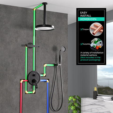 Homekicen Antique Shower-Faucet Sets System, 9" Ceiling Mounted Rain Head & Waterfall Tub Spout and Vintage Handheld Spray Combo, 3 Way Diverter Brass Valve with Trim Kit
