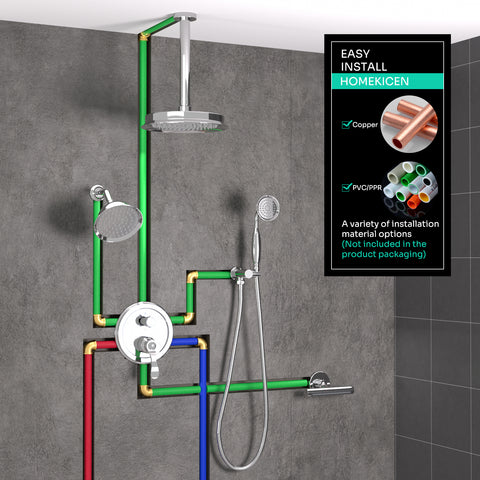 Homekicen Dual Antique Shower Head System with Waterfall Tub Spout: 9" Ceiling Rain & 6" Tilted Rainfall, Handheld Vintage Faucet Set, 4 Way Diverter Brass Valve with Trim Kit