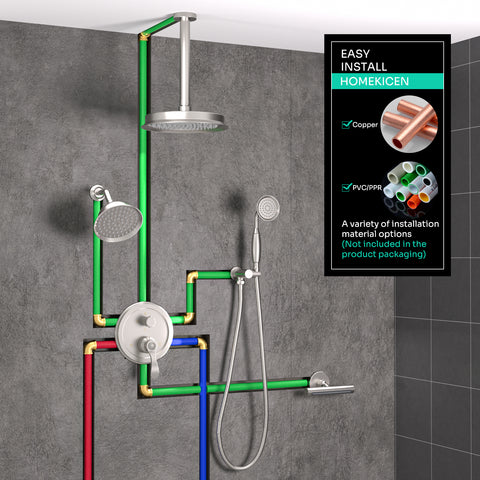 Homekicen Dual Antique Shower Head System with Waterfall Tub Spout: 9" Ceiling Rain & 6" Tilted Rainfall, Handheld Vintage Faucet Set, 4 Way Diverter Brass Valve with Trim Kit