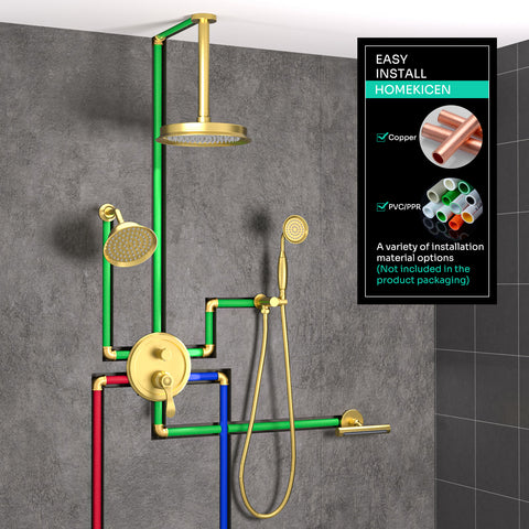 Homekicen Dual Antique Shower Head System with Waterfall Tub Spout: 9" Ceiling Rain & 6" Tilted Rainfall, Handheld Vintage Faucet Set, 4 Way Diverter Brass Valve with Trim Kit