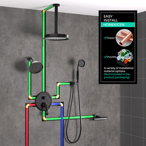 Homekicen Dual Antique Shower Head System with Waterfall Tub Spout: 9" Ceiling Rain & 6" Tilted Rainfall, Handheld Vintage Faucet Set, 4 Way Diverter Brass Valve with Trim Kit