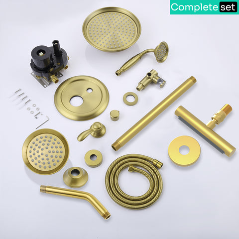 Homekicen Dual Antique Shower Head System with Waterfall Tub Spout: 9" Ceiling Rain & 6" Tilted Rainfall, Handheld Vintage Faucet Set, 4 Way Diverter Brass Valve with Trim Kit